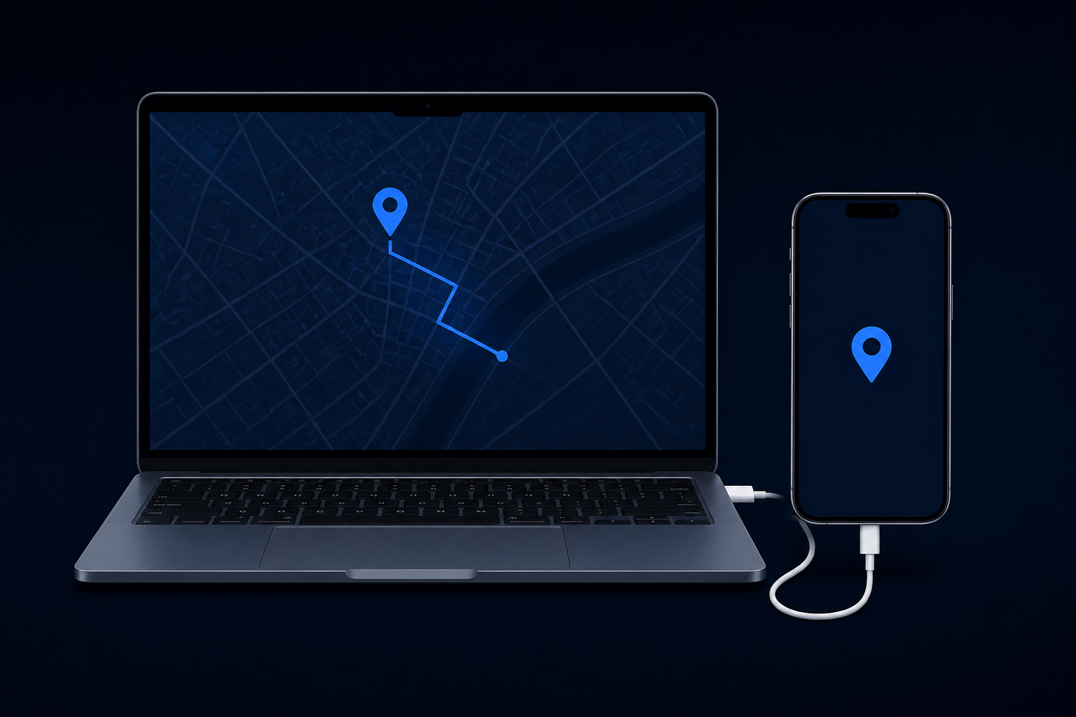 Mac 与 iPhone 通过数据线连接，地图上显示定位标记